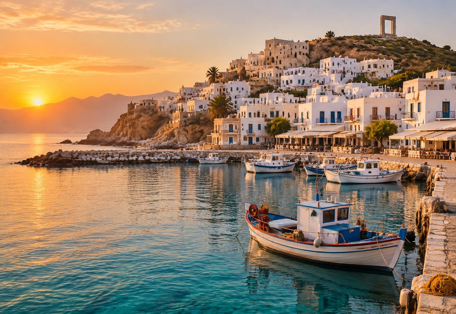Whitewashed houses above a harbour on the Greek island of Naxos at sunset