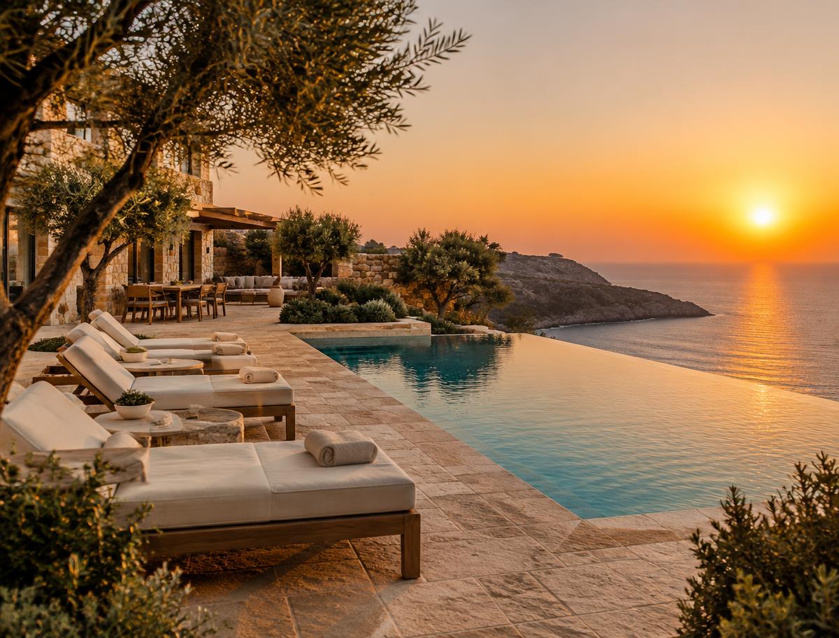 Villa terrace with an infinity pool overlooking the sea at sunset